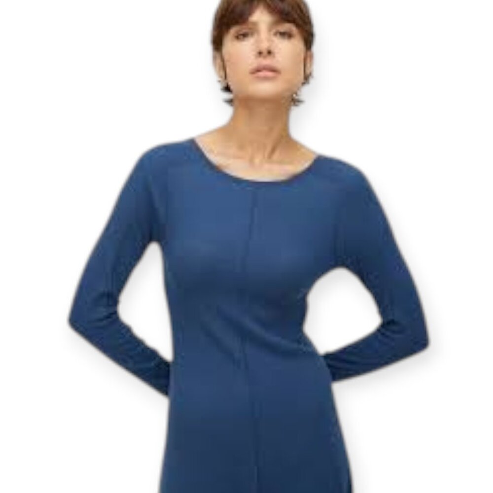 Kit & Ace Womens Blue Sz M Poise High Neck V-Back Ribbed Knit Fitted Midi Dress